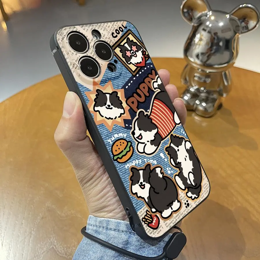 Cute Cartoon Dog Pattern Phone Case with Hand Strap, Retro Hamburger Design Phone Protective Cover, Phone Accessories Compatible with iPhone 16 15 Pro Max, Casing