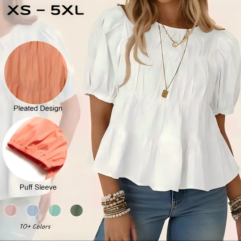 TANKANEO Women's Elegant Puff Sleeve Peplum Babydoll Blouse-Shirt - XS-5L Seamless Smoked Pleated Low-Iron Cotton Fabric Top, Breathable Loose Flowy Crew Neck Summer Beach Day Top for Coffee Date Skirt Pairing