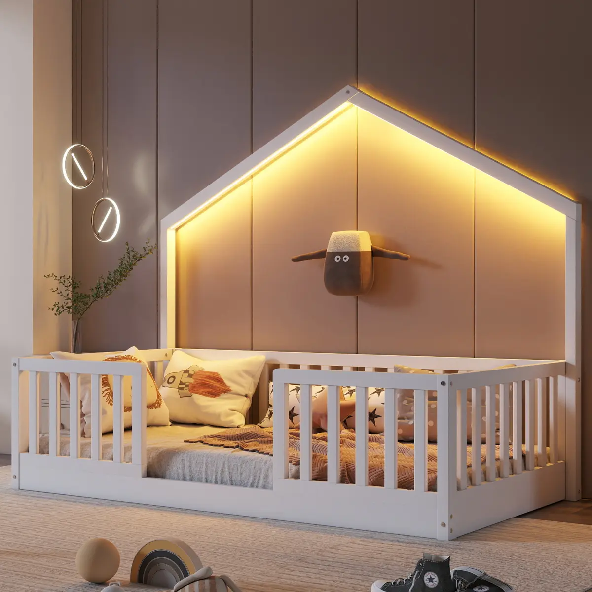 Twin Floor Bed with High Rails, Wooden Montessori Bed with Light for Kids, Boys and Girls, No Box Spring Needed