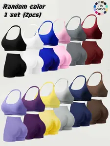 Women's High-Waisted Running Shorts Set, Stretchy Seamless Sports Bra with Removable Pads, Plain Tight-Fit Gym for All Seasons