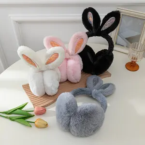 1pc Cute Pink Rabbit Ears Plush Ear Muffs for - Soft Warm Foldable Winter Accessories with Sparkling Embellishments, Adorable Animal Design for Cold Weather Comfort, Cozy Clothing Accessory, Playful Design, Durable Construction, Fashion Lovers