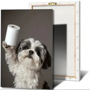 1pc Framed Canvas Wall Art - Funny Shih Tzu Dog Holding Toilet Paper, Ready-to-Hang Bathroom, Living Room, Home Office Decor - Pet Lover Gift with Wrapped Canvas Frame - Modern Minimalist Animal Poster for Bedroom, Classroom, Indoor/Outdoor Use,