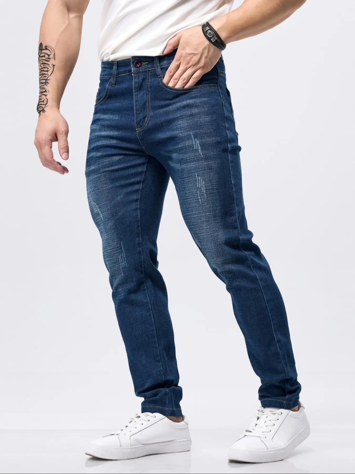 Men's Business Casual Elastic Slim Fit Straight Leg Pocket Jeans, Comfortable Stretch Denim Jeans for Daily Wear & Office Style, Menswear Pants