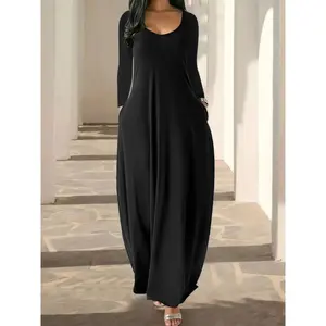 Women's Long Coffee Leopard Print Home Dress, Round Neck Long Sleeve Pocket Sleepwear, Soft Fabric All Seasons Casual Style