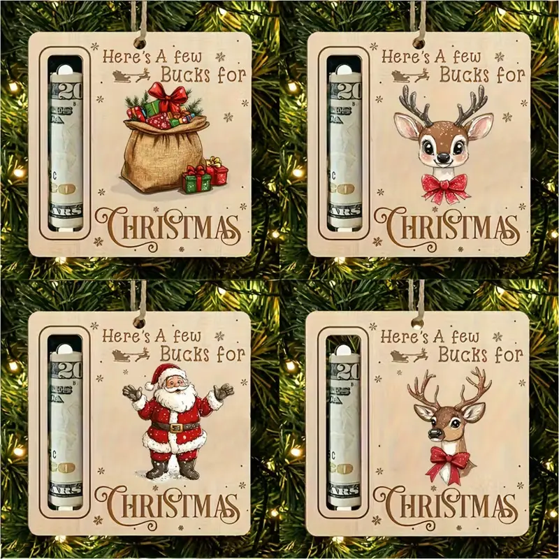 4 Christmas Gift Money Jar Ornaments - Wooden holiday tree accessories with Santa Claus and reindeer designs - Hanging Christmas decorations with cash slots, perfect for holiday gifts - Provides a cash blessing gift for family and friends