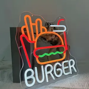 Burger Fries Neon Sign for Wall Decor Art Hamburger French Fries LED Neon Light Fast Food Business Signs for Home Restaurant Bar Man Cave Decoration Easy Installation Eye-Catching Design
