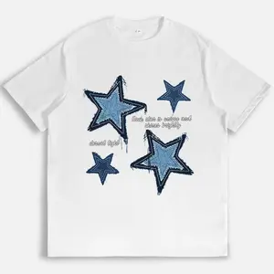 Mens Oversized Graphic Tee Vintage Star Print Streetwear Short Sleeve Crewneck Cotton Summer Casual Shirt Y2K Denim Star Sketch Soft Fit Top