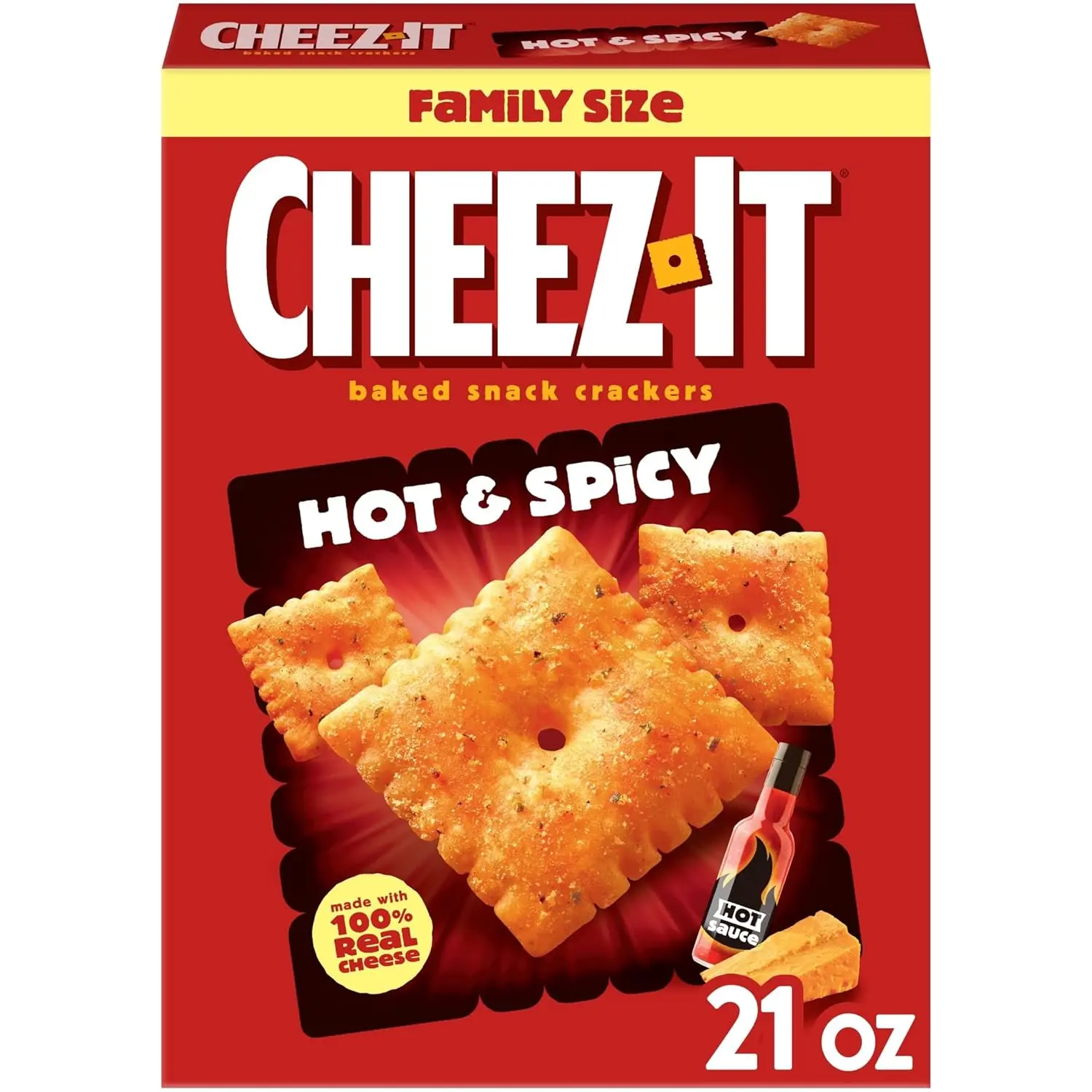 Cheez-It Hot & Spicy Baked Snack Crackers 21oz Family Size Box - Crunchy Cheese Crackers for Lunches, School Snacks, Parties & Everyday Sharing