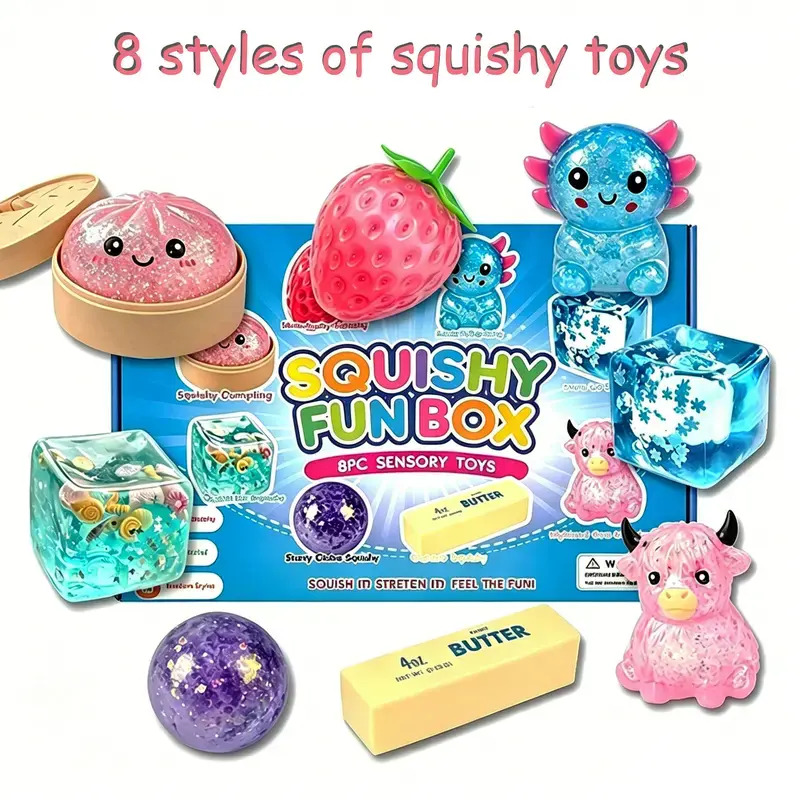 8-Piece BPA-Free Malt Sugar Slow Rise Squishies - Squishy Fidgets, Squeeze Stress Relief Cubes, Unique Styles Party Gifts, Sensory Room Supplies