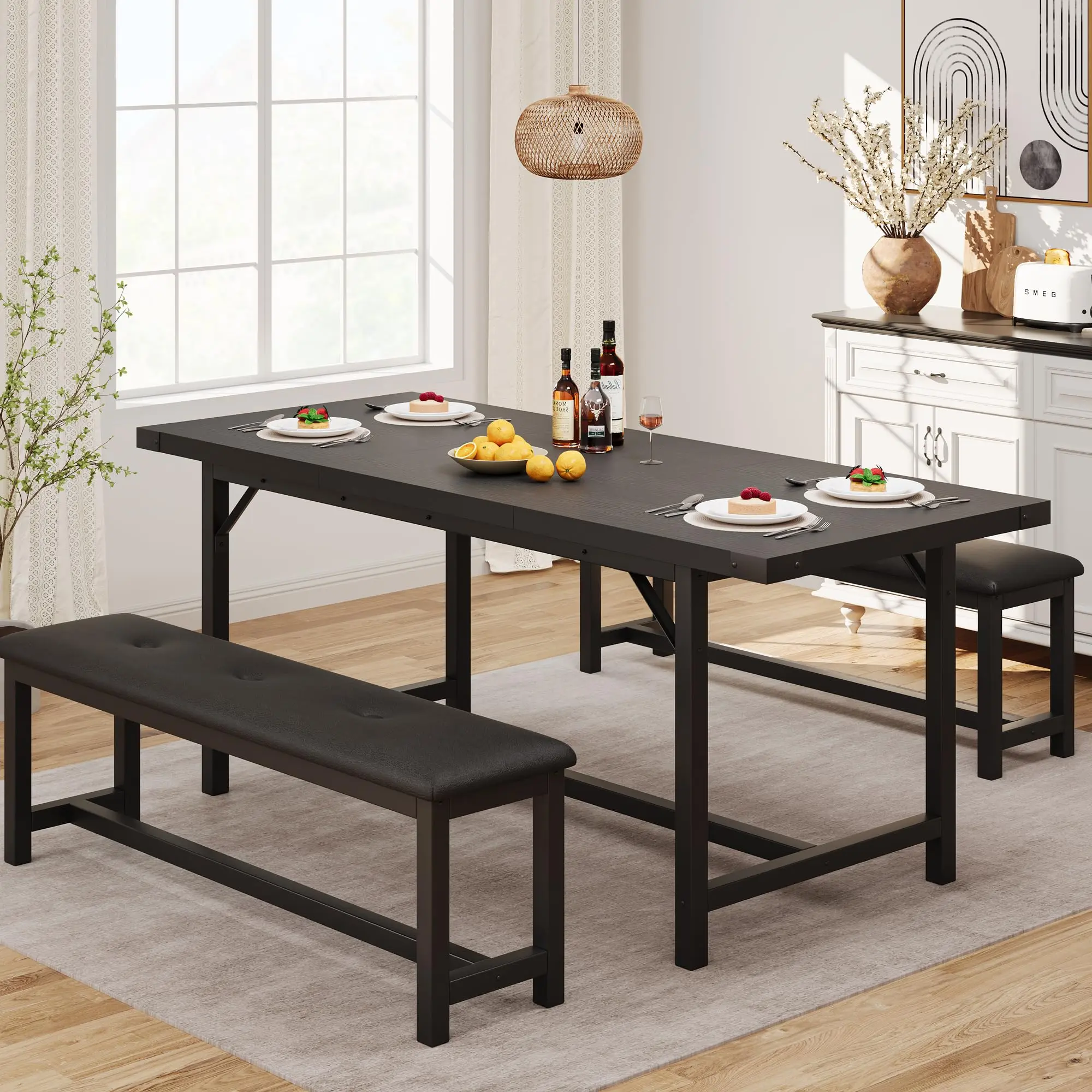 Garvee Extendable 63-inch Dining Table Set for 4 to 6 People, 3-Piece Kitchen Table Set with 2 Upholstered Benches, Farmhouse Dining Table Set for Kitchen, Living Room