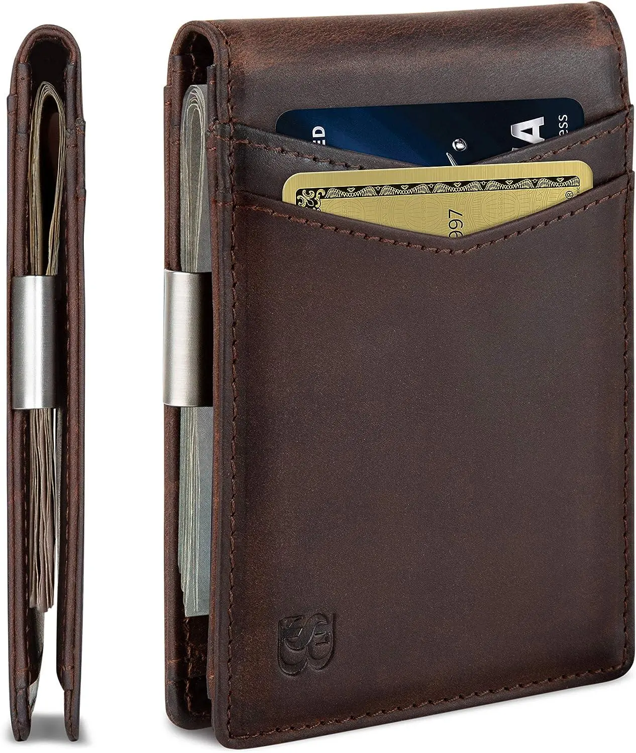 SERMAN BRANDS Mens Minimalist Slim Fit Bifold Money Clip Wallet - Front Pocket Full Grain RFID Blocker Card Holder