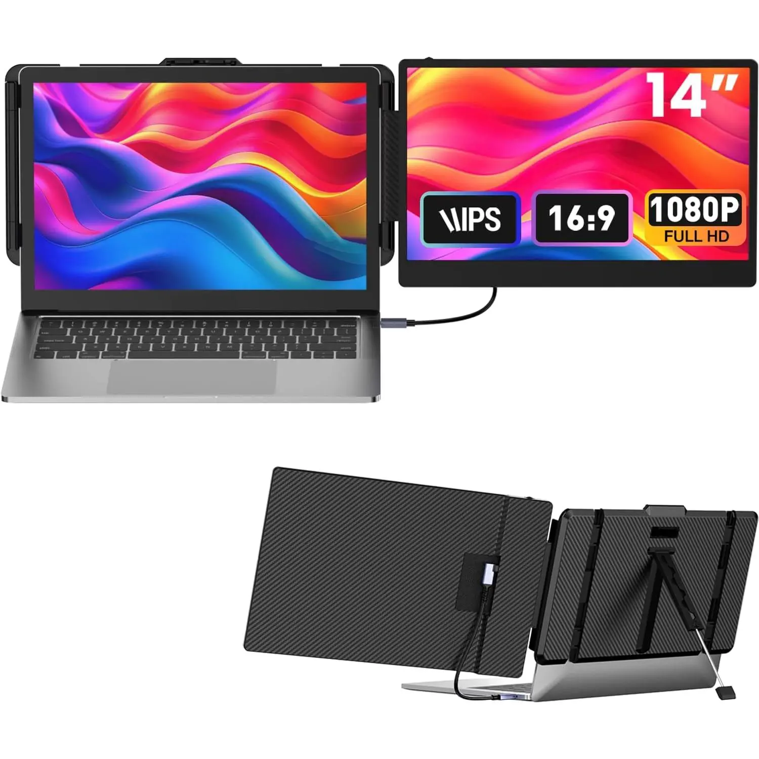 Notebook Extender Laptop Screen Extender 14-inch, 1080P FHD Portable , Type-C/HDMI/USB-A ...