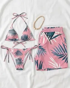 Matching Couples Swimwear Set, Pink Tropical Palm Leaf Bikini and Swim Trunks, Honeymoon Beach Outfits, His and Hers Summer Set