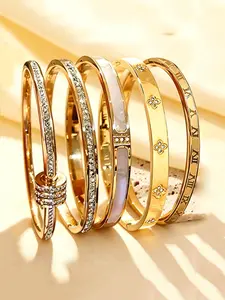 5-Piece High-Quality Vintage Luxury Stainless Steel Bracelet Set, Floral Pattern, Elegant Style, Stackable Bracelets, Perfect for All Seasons, Gift Idea