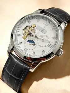 High-End Men's Mechanical Watch, Hollow Out Design, Moon Phase, Night Light, Waterproof Leather Strap, Business Casual, Gift Idea