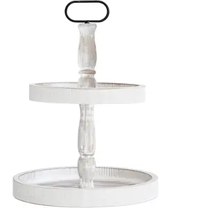 Decorative Two Tiered Tray Rustic Farmhouse Cupcake Stand Serving Tray for Home Kitchen Decor Party Weddings Holiday Decoration Customizable Display Options(White)