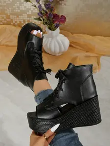2026 Summer New Roman Sandals for Women, Ultra High Heel Wedge Waterproof Platform Fish Mouth Strap High Ankle Sandals