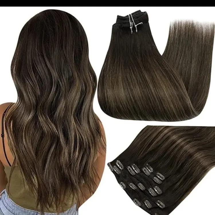 Brunette Balayage Light Brown Clip in Extensions Human Hair Full Head 18 Inch 120g 7pcs