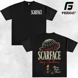 FEego Scarface Two Sides Graphic Tee 100% Pure Cotton Y2K Streetwear The World is Yours Design Tony Montana Iconic Image Menswear Casual Crewneck Tshirt