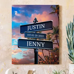 Crossroads Sign Couple's Name and Date on Street Sign Sunset Beach Canvas Prints Love Gift for Anniversary,Wedding,Birthday and Holidays