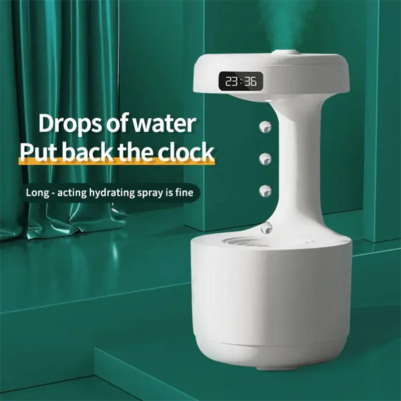 High Capacity Bedroom Anti-Gravity Humidifier with Clock, Water Drop Backflow, Aroma Diffuser, Silent Operation, and Heavy Fog for Household and Office Use
