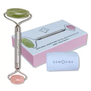 Rose Quartz + Jade Roller for Face and Neck Massage, Dual Gemstones with Durable Steel Handle and Travel Bag facial tool facial massage