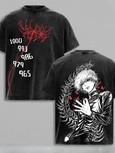 Vintage Spider - Lily & Anime Character Print Men's Washed Short Sleeve - For Daily Gatherings