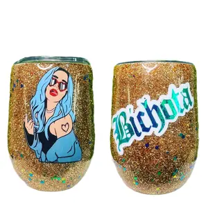 Karol G Wine Tumbler - Glittery Gold Design with Unique Character Art and 'Bichota' Text for Stylish Drinkware