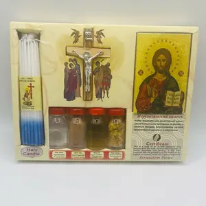 Holy Land Blessing Set with Wooden Cross Blessed Candles Sacred Elements and Icon Decor of Jesus Christ in Elegant Box Religious