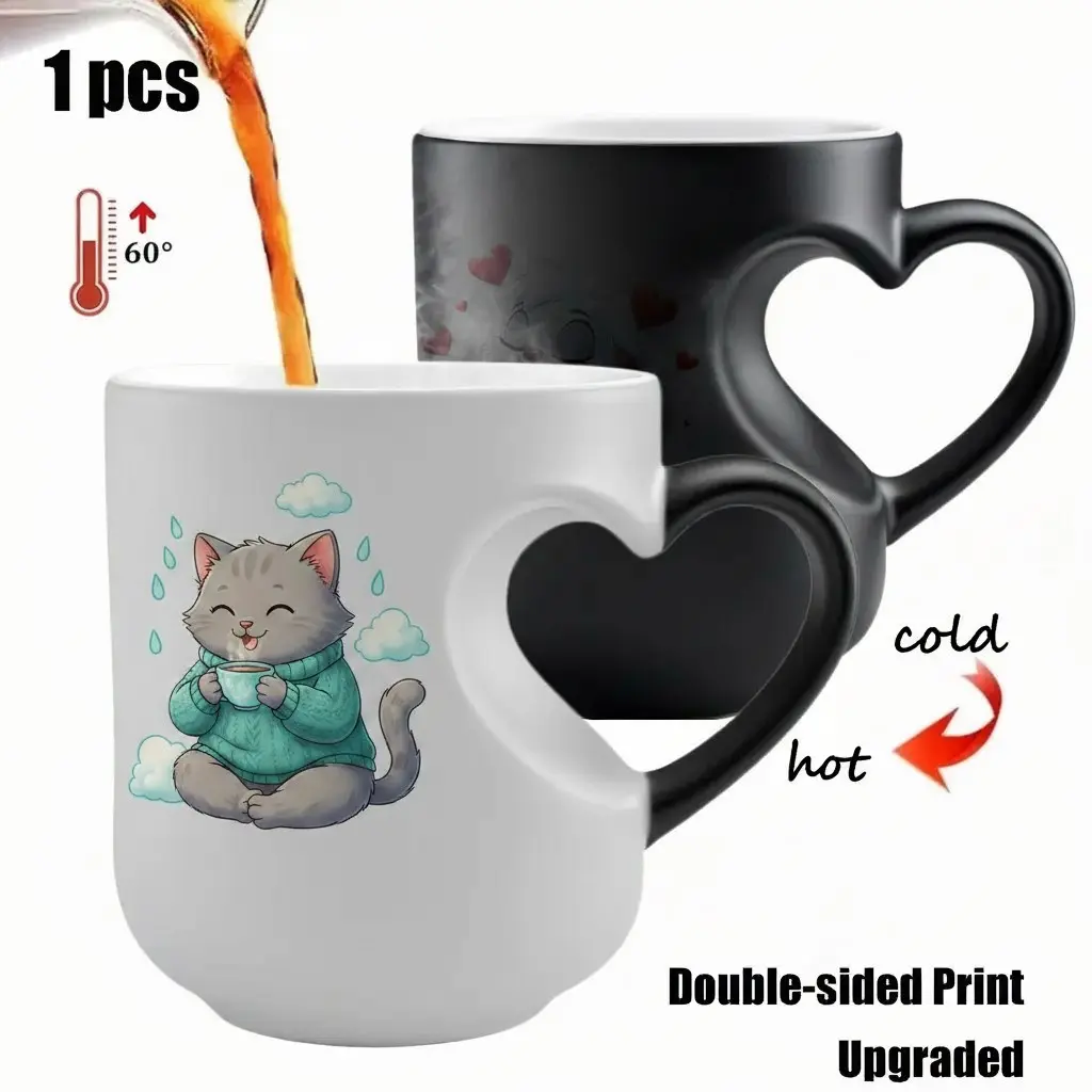 Enchanting Cat Ceramic Coffee Mug with Heart-Handle, Magic Temperature-Sensitive Color-Changing Drinkware, Warmth in Every Sip, Double-Sided Print Upgraded Design, Perfect Valentine's Day Gift for Couples and Cat Lovers, Fun Cup for Tea and Beverages
