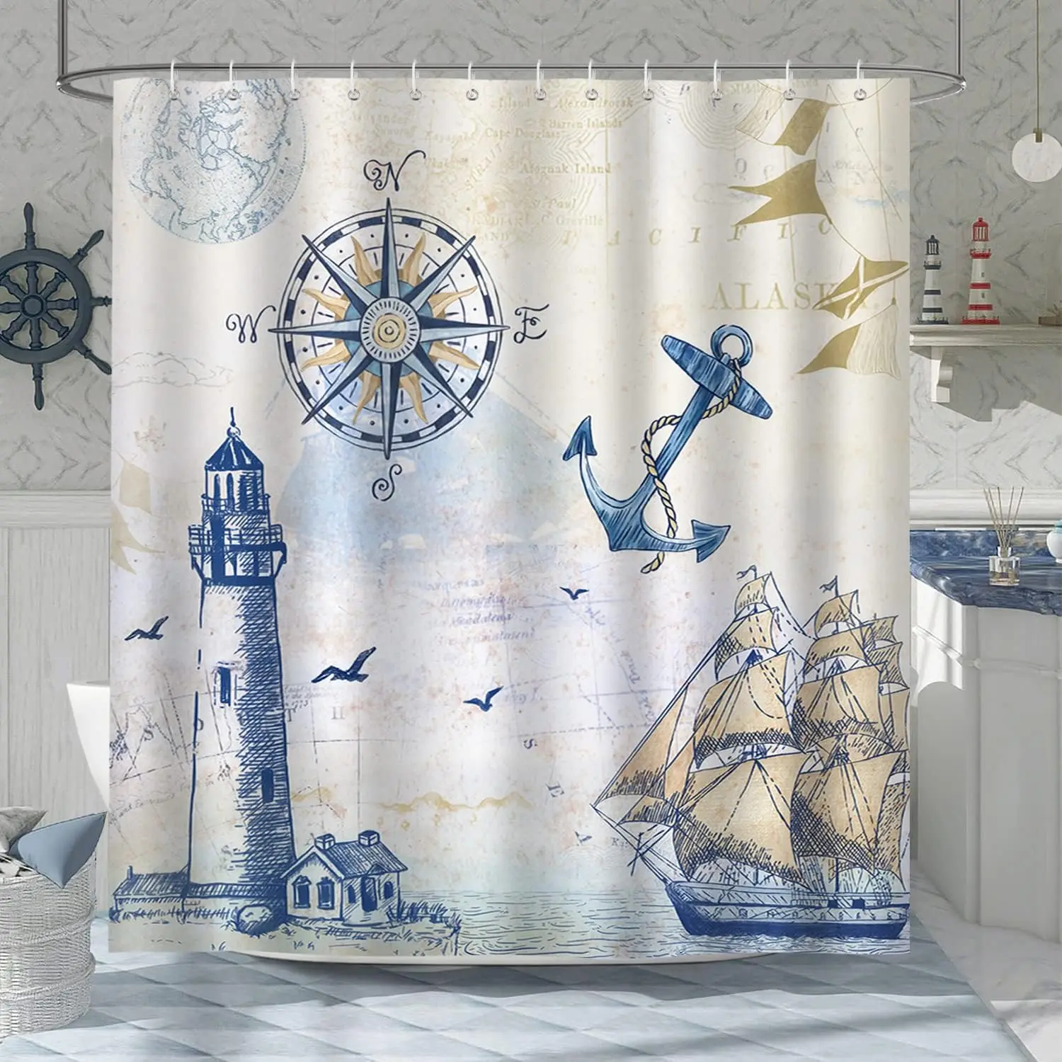 Nautical Shower Curtain, Coastal Lighthouse Compass Anchor Sailboat Bathroom Decor Polyester Fabric Waterproof Bathroom Curtain with 12/24 Hooks