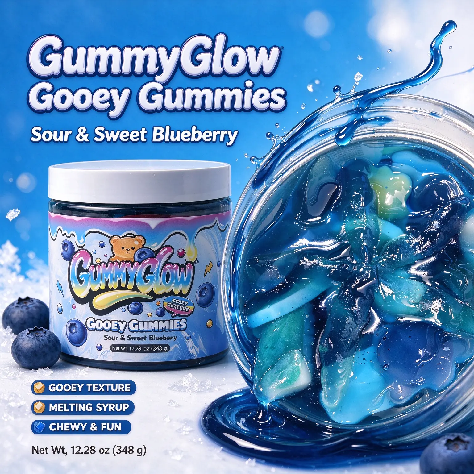 Gooey Gummies - Juicy Blueberry & Fresh Green Apple Flavors - 12.28 oz - Choose Sweet or Sour - Fun & Delicious Treats, GummyGlow, black friday,  Candy Snack Chewy Fruity Bonbon