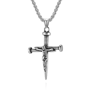 Mens Retro Stainless Steel Nail Jesus Cross Crucifix Pendant Necklace 22+2 inch Jewelry Gift