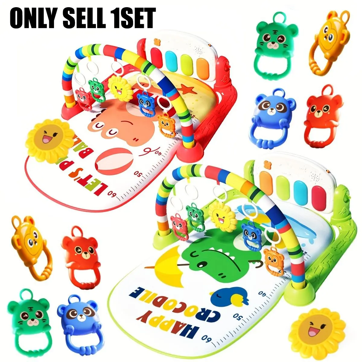 Baby Gym With Kick and Play Piano, Activity Mat for Tummy Time With 5 Infant Learning Sensory, Music and Lights for Newborn Boy or Girl, Christmas/Birthday/Halloween Gift, Random Accessories Color, Play Mat for Babies