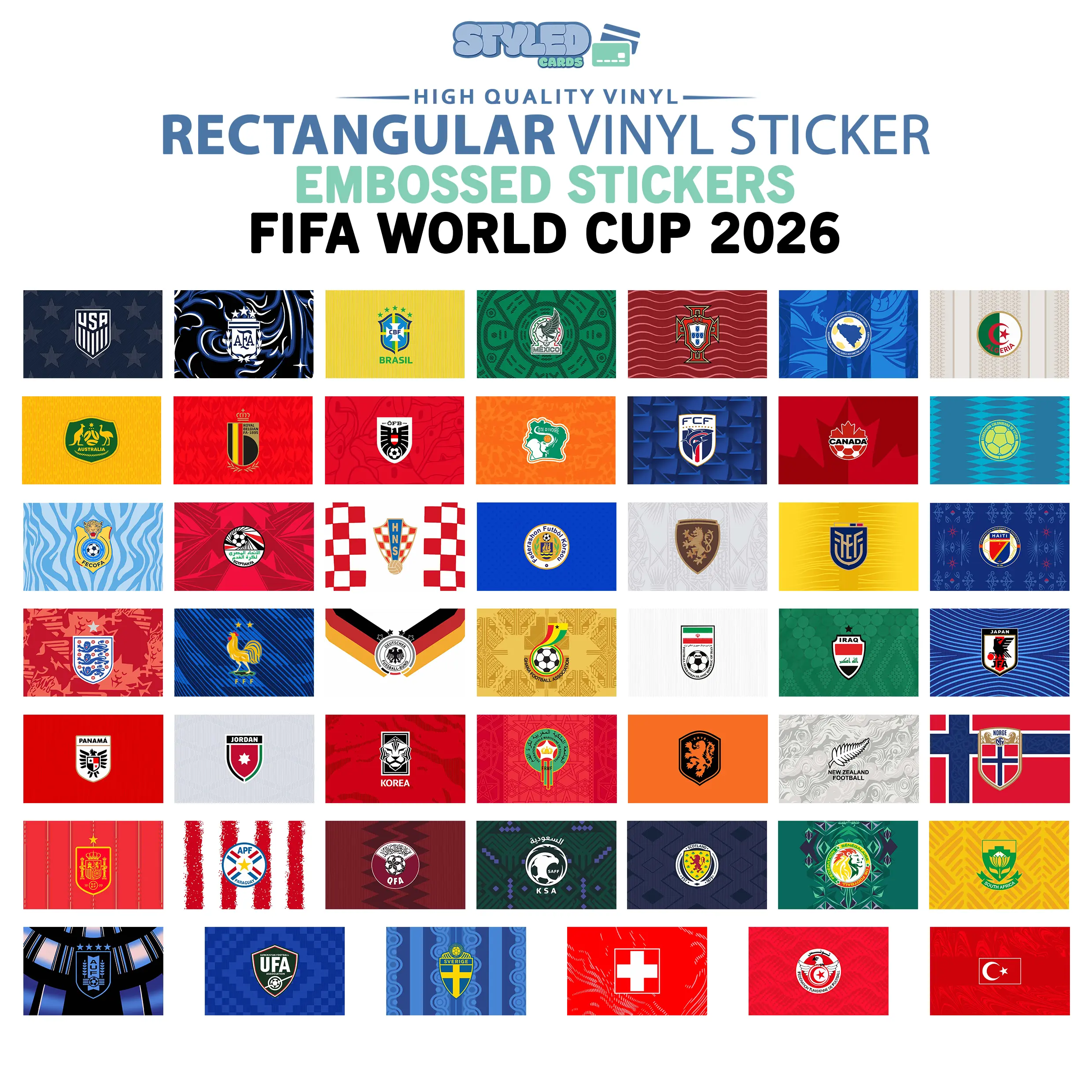 soccer world cup rectangular embossed stickers made with high quality vinyl