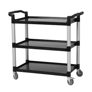 Garvee Heavy Duty Service Cart with 3 Shelves, Locking Wheels, and 360 lbs Capacity - Ideal for Food Service, Restaurant, Cleaning, and Hotel Use - Durable Black Utility Cart with Enrollable Tool Feature