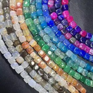 8 mm Natural Dragon-Pattern Agate Square Sugar Cube Beads, Multi-Color DIY Jewelry Making Supplies for Bracelets, Necklaces