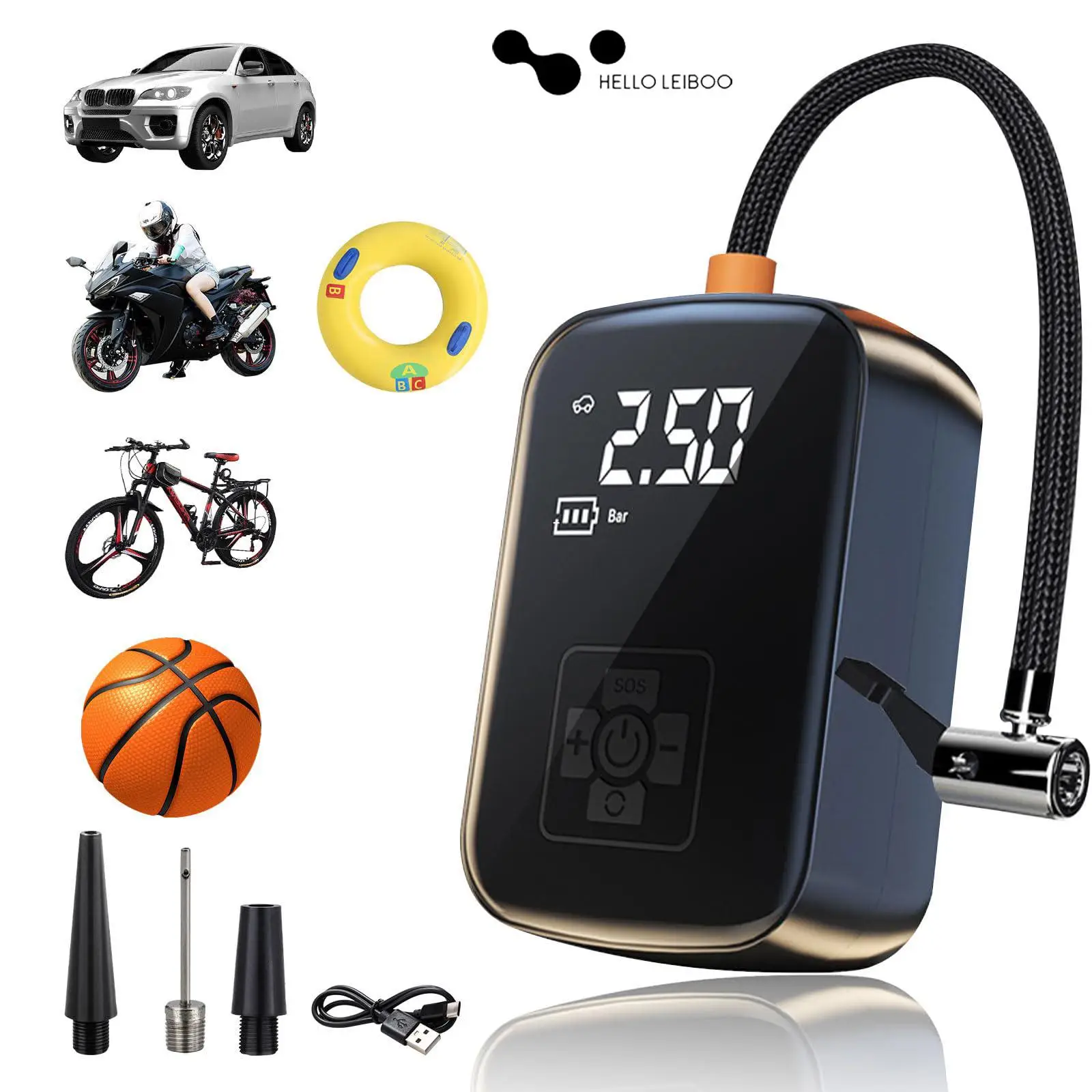 Portable Car Tire Inflator Pump, 150PSI Car Tire Inflator with Emergency LED Light, Multifunctional Car Air Pump for Ball, Car, Motorcycle, Bicycle