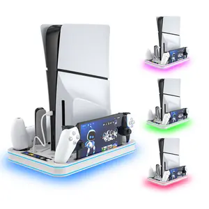 PS5 Slim Stand and Cooling Station with RGB LED Controller Charging Station for PlayStation 5, PS5 Controller Charger for Dual Sense & Edge Controller, PS5 / PS5 Slim Accessories Cooling White