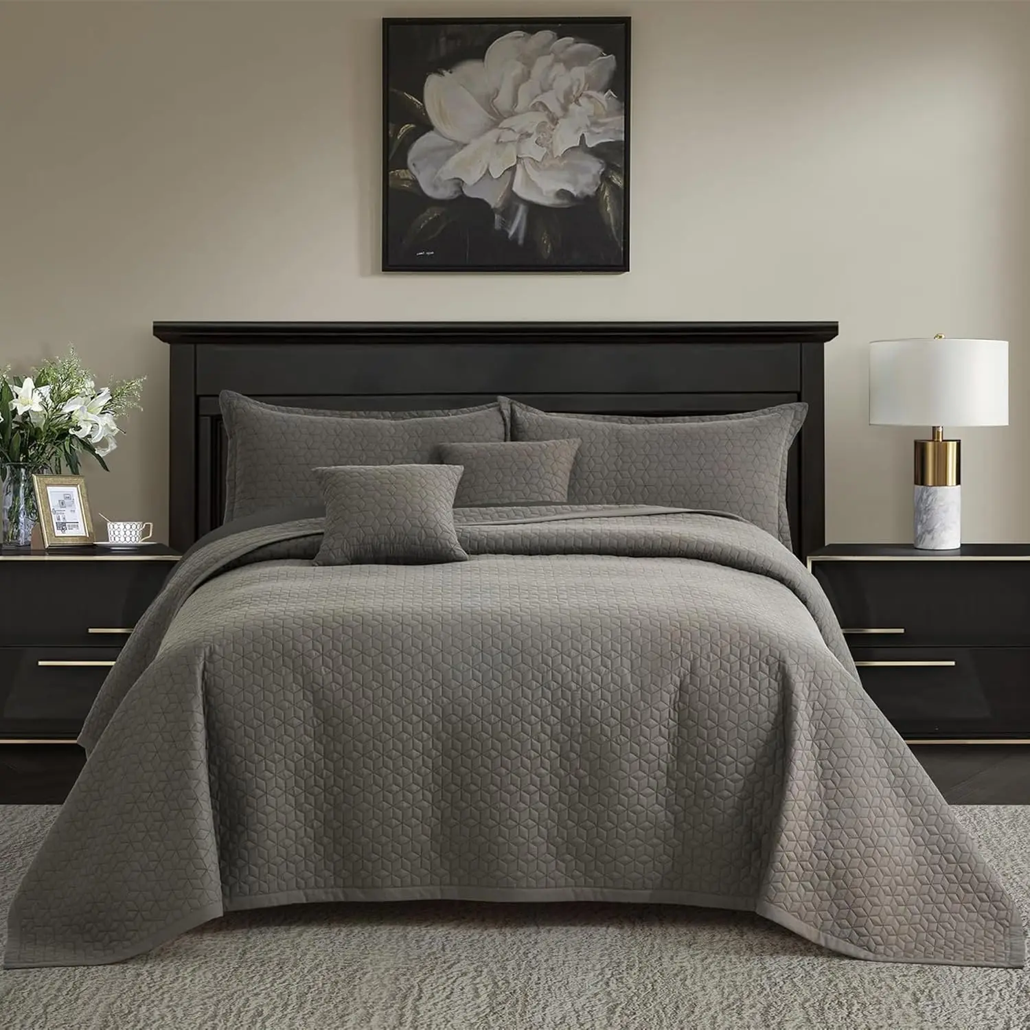 Bedspread 128x120 Extra Wide, Modern & Contemporary Look, Lightweight Bedding Cover, Reversible, 5 count,  Microfiber, Brown