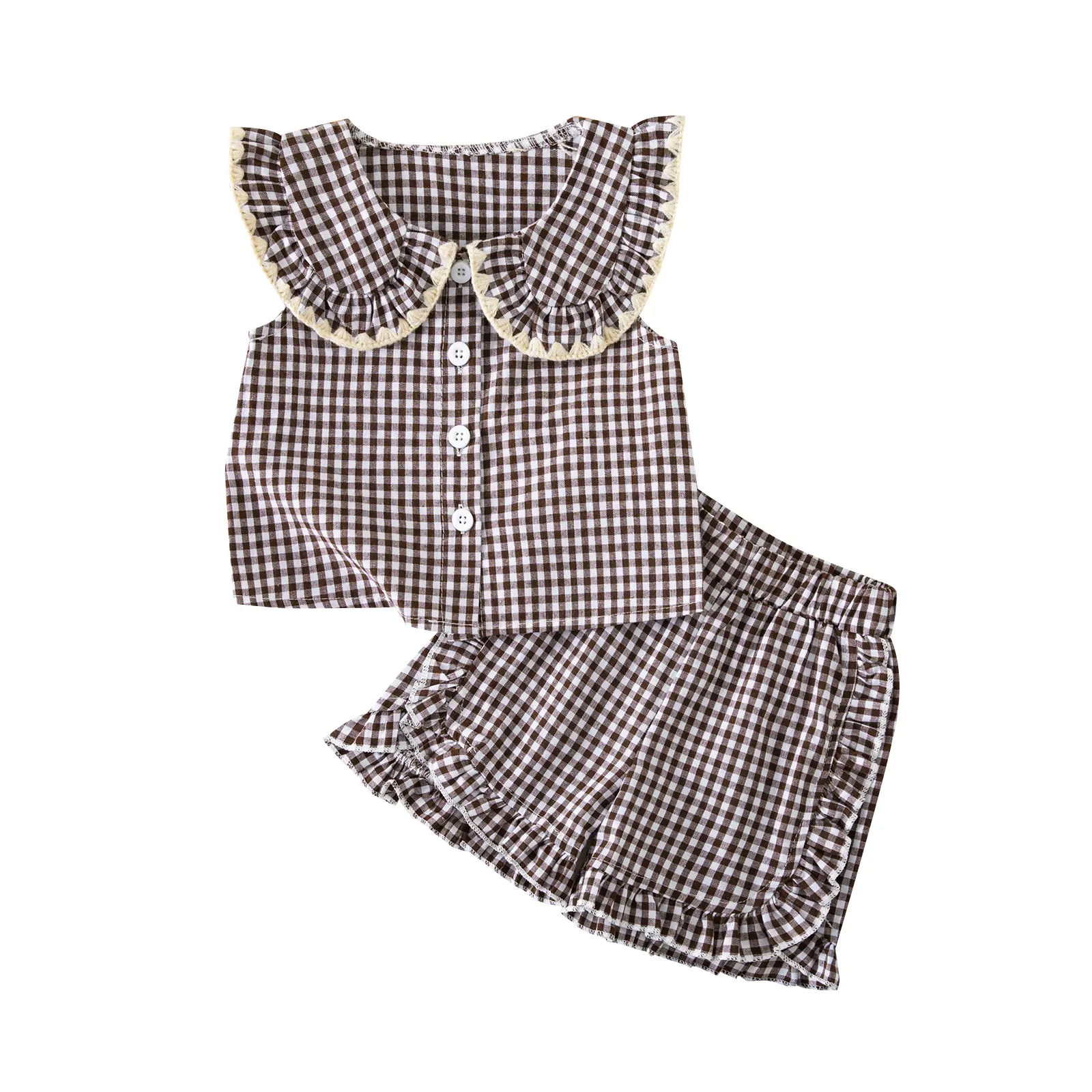 Baby Girl Summer 2 Piece Clothes Set Dark Brown Gingham Plaid Sleeveless Blouse With Lace Trim Ruffle Peter Pan Collar Button Down Shirts Elastic Waist Ruffle Shorts Toddler Girls Daily Casual Outfit