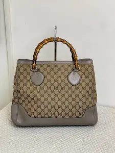 Pre-owned GUCCI Bamboo Handle Tote Bag | GG Canvas with Taupe Leather Trim & Base