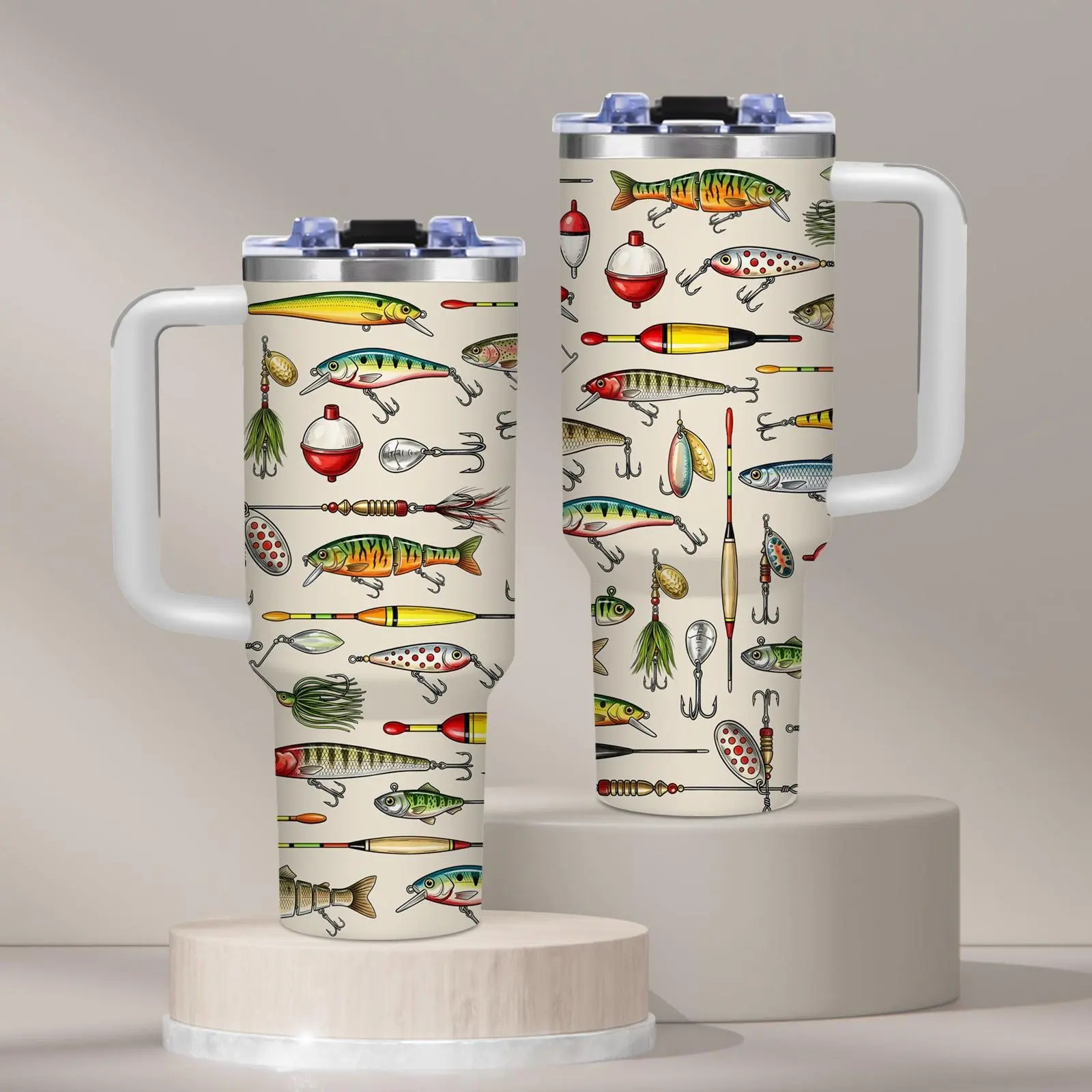 1PC Fishing Lures Pattern 40oz Traveler Tumbler BPA Free With Handle & Straw Inspirational Vintage Outdoor Sport Design Print， Suitable For Camping， Fishing， Picnic， Mother's Day， World Football Day， Birthday Gift， Tumbler