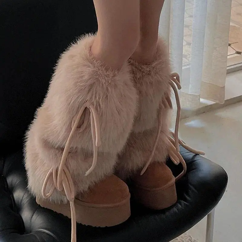 Stretchable Punk Bow Tie Faux Rabbit Fur Leg Warmers - Winter Warm Thick Plush Boot Covers - Cold-Protective Leggings Socks