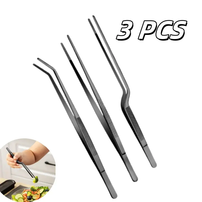 3Pcs Fine Cooking Tweezers Set, Professional Stainless Steel Food Tongs, Kitchen Black Long Chef Tweezer for Cooking, Plating, Decorating and BBQ(Black, 12Inch)