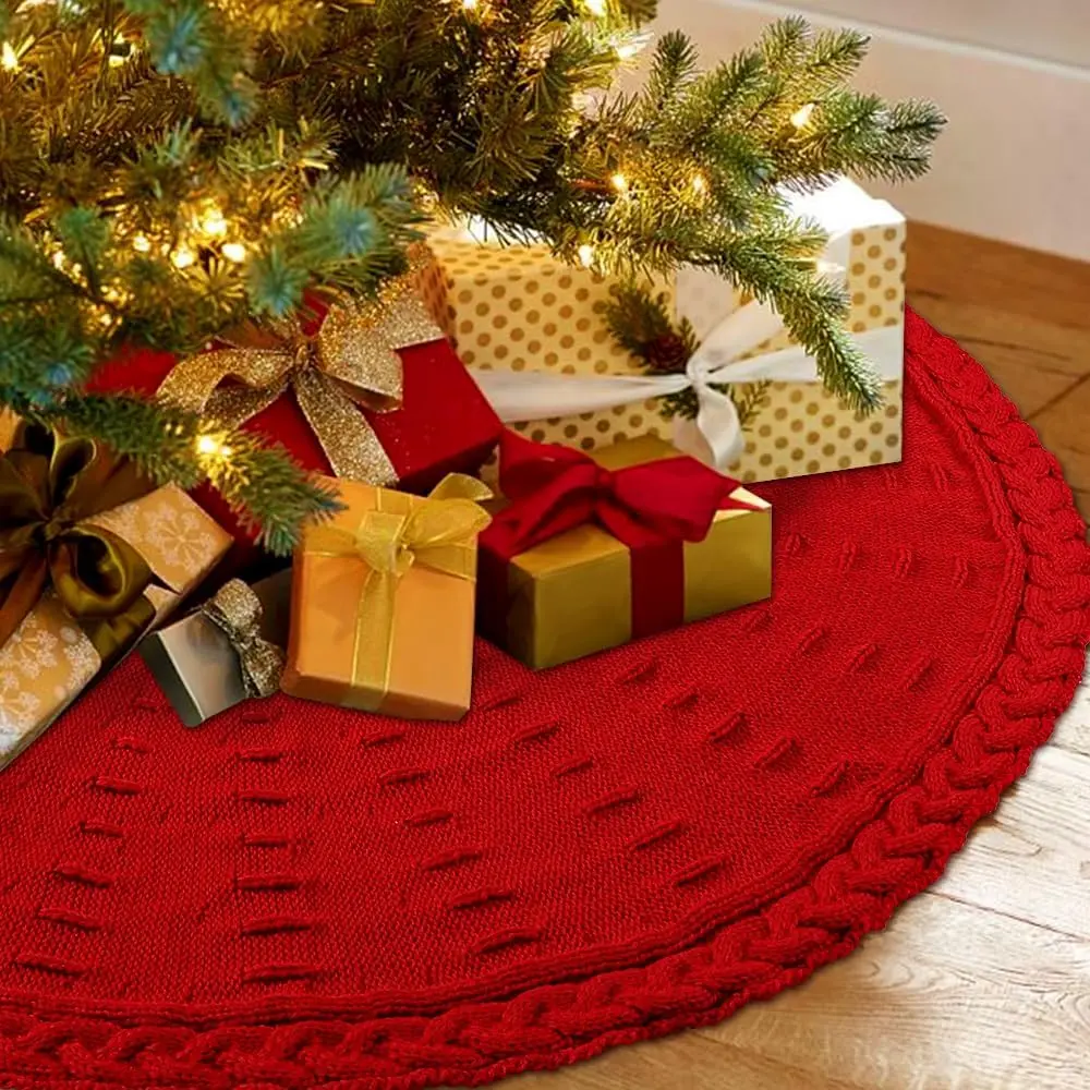 48 Inches Christmas Knitted Tree Skirt Decorations Xmas Large Red Chunky Cable Farmhouse Thick Rustic Tree Skirt for Merry Christmas Tree Holiday Home Party Decoration
