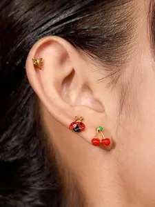 Ladies Ear Stud Set Oil Dripping Ladybug Dragonfly Cherry Earrings 3 Pairs 1 Card Stainless Steel 18k Gold Plated Waterproof And Anti Allergy Creative Design Lively Matching Stud Earrings Jewelry