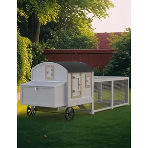 106 Inch White Carriage Style Wooden Chicken Coop/ Outdoor Poultry House with Run for 3-5 Chickens/ Waterproof Roof/ Nesting Box/ Pull Out Trays and Ramp for Backyard Farm Raising