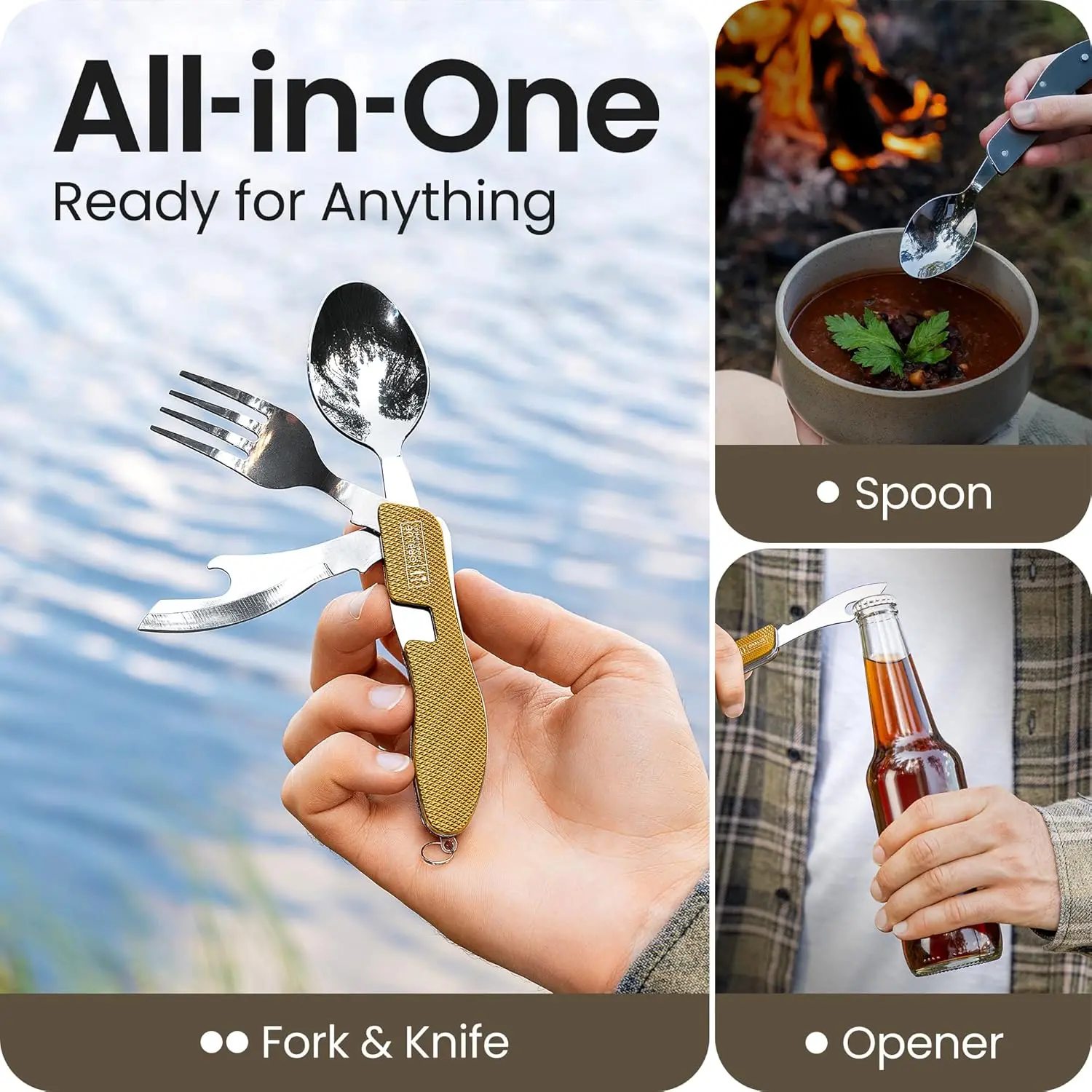 AGS Orblue 4-in-1 Camping Eating Utensils, 2-Pack - Portable Spoon, Fork, Knife & Bottle Opener Combo Set - Stainless Steel Flatware with Detachable Fork - Travel, Backpacking Cutlery Multitool, Yellow AGS Orblue 4-in-1 Camping Eating Utensils, 2-Pack - Portable Spoon, Fork, Knife & Bottle Opener Combo Set - Stainless Steel Flatware with Detachable Fork - Travel, Backpacking Cutlery Multitool, Yellow