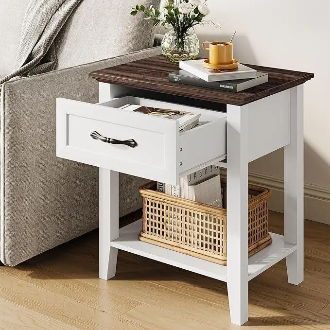 Narrow White 1-Drawer & Shelf Industrial Wood Nightstand Table - Modern End Table, Slim Indoor Furniture for Small Bedroom Spaces